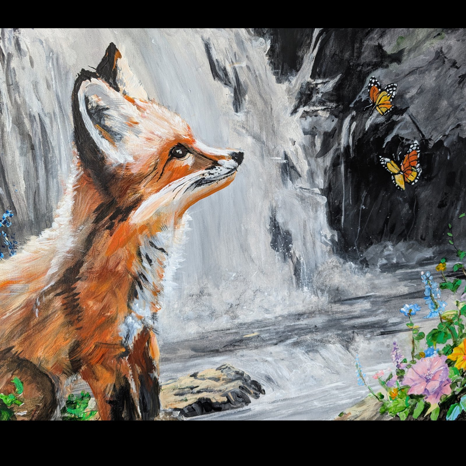Fox & Butterflies - Acrylic paint on canvas